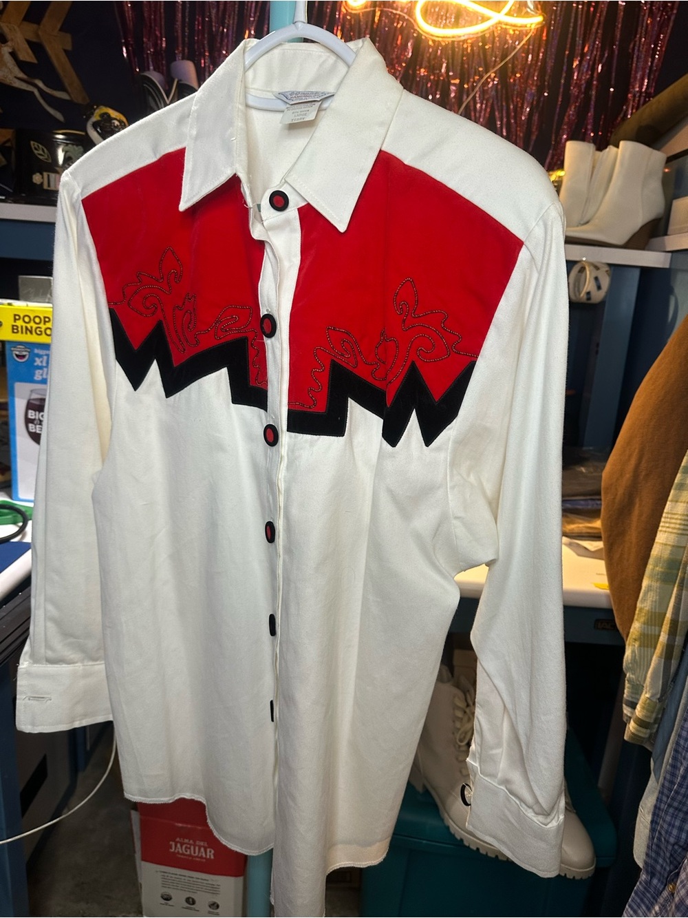 Men's White Western Dress Shirt with Red & Black Yoke